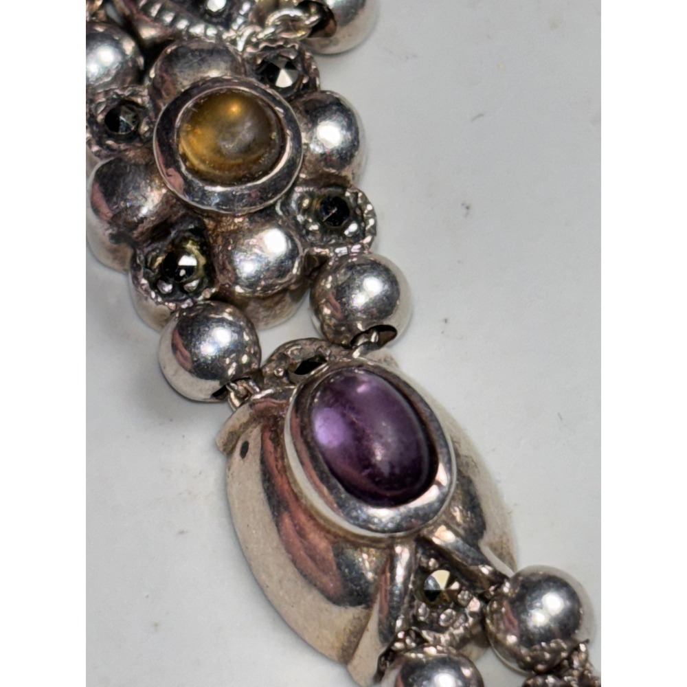 Vintage Sterling Silver Multi Gemstone Marcasite Ornate Link Bracelet 925 - Picture 7 of 13